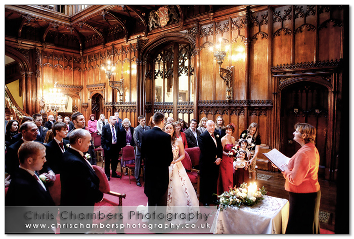 Civil wedding ceremony in the Great Hall at Allerton Castle. Wedding photograph from Chris Chambers.
